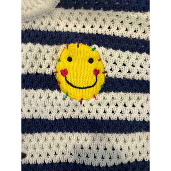 Kerri Rosenthal Knit Crochet Smiley Face Striped Sweater S Blue White Yellow - Picture 8 of 9